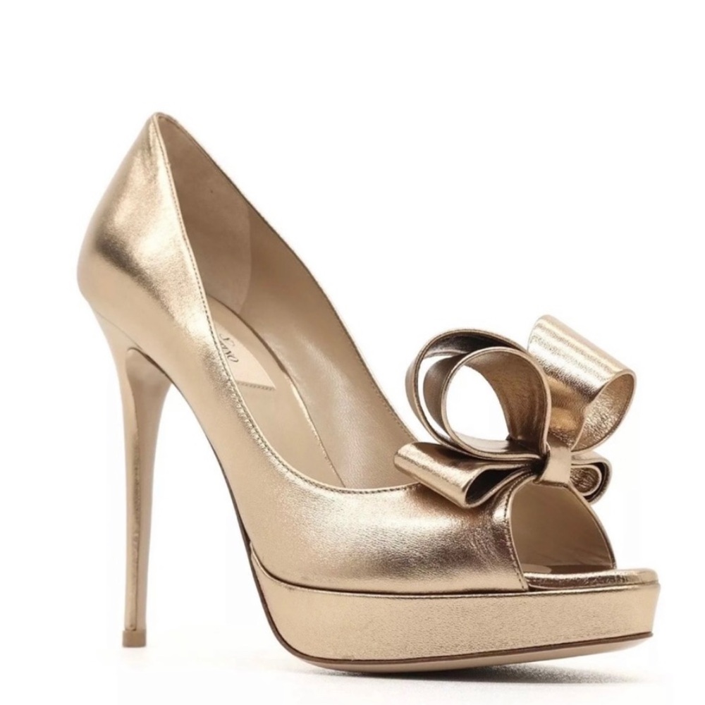 Valentino Gold Couture Bow Open Toe Pumps
